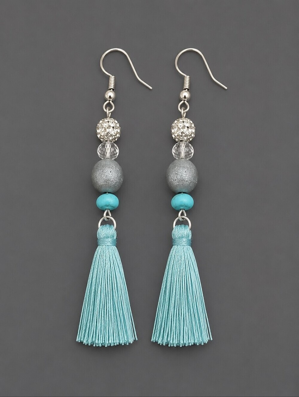 3/$30 HANDMADE Druzy Beaded Teal Tassel Dangle Hook Earrings